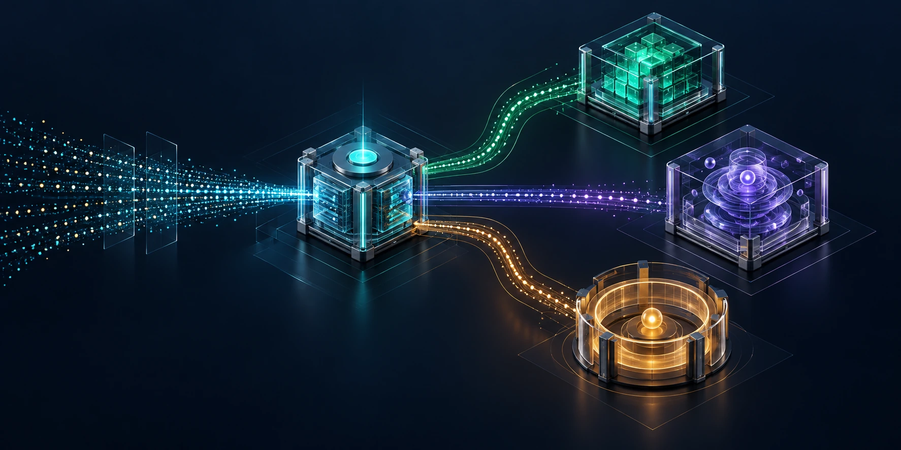A cyan decision core routes information to emerald computing, violet reasoning and amber human-governance modules.